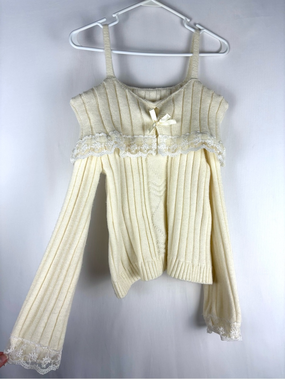 Coquette DIY Ribbed Lace Off the Shoulder Sweater Size Small